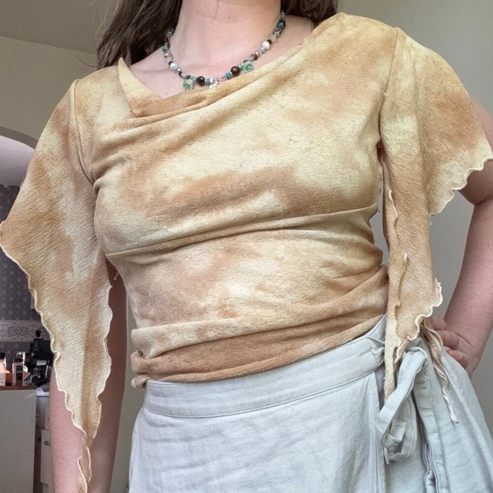 Y2K Vintage Voice Mesh Ruffled Flutter Sleeve Fairycore Yellow Tie Dye Top L